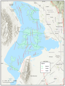 Map of Utah Lake showing the proposed development overlain on major seismic faults in the lake. Data from LRS’s application and the Utah Geological Survey.
